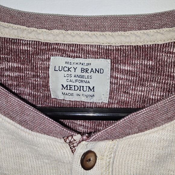 Lucky Brand Medium Red/Tan Henley Raglan Long Sleeve Softest Knit Shirt (C51) - Picture 3 of 4